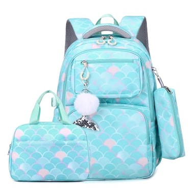 EKUIZAI 3PCS Mermaid Backpack for Girls Fish Scale Print Primary Bookbags set Girls Backpack with Lunch Box
