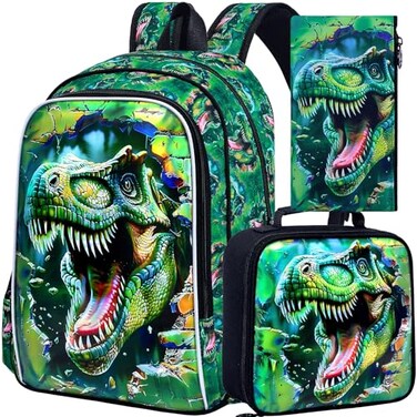 FTJCF Dinosaur Backpack 16 Boys Kids Bookbag with Lunch Box 3Pcs Dino School Backpacks for Elementary Preschool Kindergarten Green