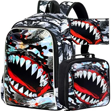 FTJCF 3Pcs Backpack for Boys 16 Shark Kids Bookbag with Lunch Box School Backpacks for Elementary Preschool Kindergarten Black
