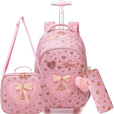 Meetbelify Kids Backpacks with Wheels for Girls Rolling Backpack with Lunch Box for Elementary Students Carry on Backpack Travel Suitcase Trip Luggage for Girls Ages 68