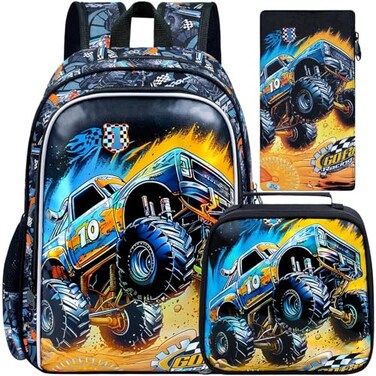 ZLYERT 16 Truck Backpack for Boy 3Pcs Car School Backpacks with Lunch Box Kids Bookbag for Elementary Preschool KindergartenBlack