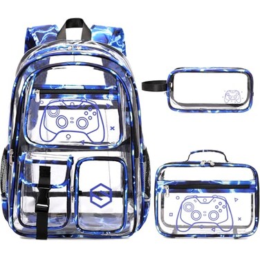DIGOBAY 3PCS Cool Luminous Clear Backpack for Boys Kids Gamer Bookbag for School See Through PVC Transparent Backpacks with Lunch Bag Pencil Case Clear Backpack Heavy Duty for School Stadium