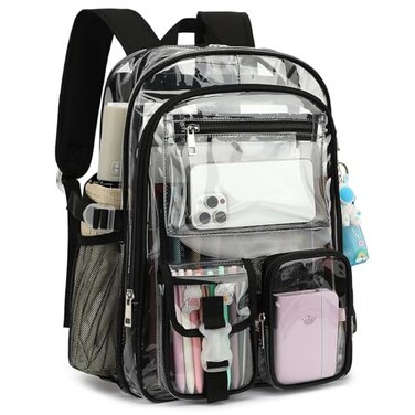 Kouxunt Clear Backpack Heavy Duty Transparent Backpacks Stadium Approved for School Work Sport Travel Black