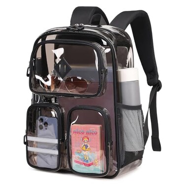 ASKSKY Clear Backpacks for School Heavy Duty Clear Bookbag Stadium Events Transparent Back Pack Girls Boys Black Semitransparent