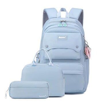 Bansusu 3Pcs Light Blue Kids Backpack for Teen Girls with Lunchbox Blue Girls Backpack MultiPocket Casual School Bag Blue