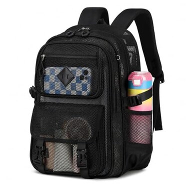 PIG PIG GIRL Mesh Backpack 17in Heavy Duty See Through Backpack UltraLightweight Net Bookbag Breathable Transparent Beach Backpacks for School Sports Gym Black