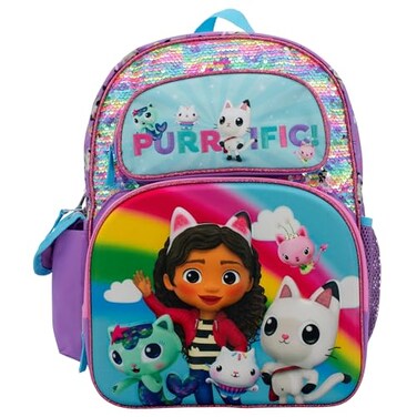 AI ACCESSORY INNOVATIONS Gabbys Dollhouse Backpack for Girls 16 Inch School Bag with Flip Sequins 3D Molded Front Pocket Purple