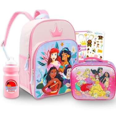 Disney Princess Backpack with Lunch Box Set Bundle with 16 Backpack Lunch Bag Stickers Water Bottle More Disney Princess School Bag for Girls