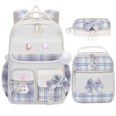 NSEQB Girls Backpack3pcs Kids School Backpack With Lunch Box Pencil Case SetCute Childrens Schoolbag For Primary Elementary Middle Beige 3PCS