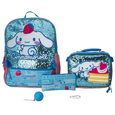 AI ACCESSORY INNOVATIONS Sanrios Cinnamoroll 5 Piece Backpack Set Hello Kitty Kawaii Flip Sequin Girls School Bag with Front Zip Pocket 2 Side Mesh Pockets Blue