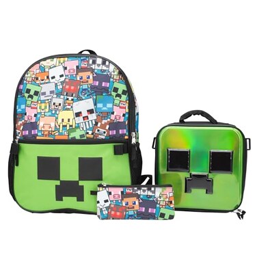 AI ACCESSORY INNOVATIONS Minecraft 5 PC Backpack Set Creeper 3D Molded Front Panel 16 Boys Girls School Bag