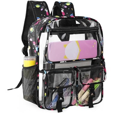 SKAITU Clear Backpack for Girls School Kids Heavy Duty See Through Bookbag Unicorn Transparent Backpack with Thicker Strap Black
