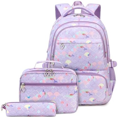 Joyfulife Lightweight Water Resistant Mermaid Backpack with Lunch Box Kids Backpack for Girls Elementary Primary Middle School Bag Teens Bookbags Set