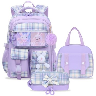 NSEQB Girls Backpack Set With Lunch Bag and MultiCompartment Pencil CaseCute Girls School Backpack For KidsChildrens Schoolbag For Kindergarten Elementary PrimaryPurple3PCS