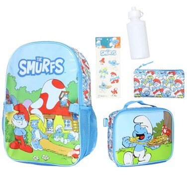 INTIMO The Smurfs Backpack 5Piece Mega Set Travel Daypack Bag with Lunch Box Pencil Case Water Bottle and Stickers 16