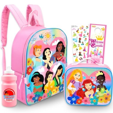 Disney Princess Backpack with Lunch Box Set Bundle with Backpack Lunch Bag Featuring Ariel Cinderella Snow White Moana More Plus Stickers Water Bottle Disney Princess School Bag for Girls
