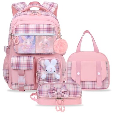 NSEQB Girls Backpack Set With Lunch Bag and MultiCompartment Pencil CaseCute Girls School Backpack For KidsChildrens Schoolbag For Kindergarten Elementary PrimaryPink3PCS
