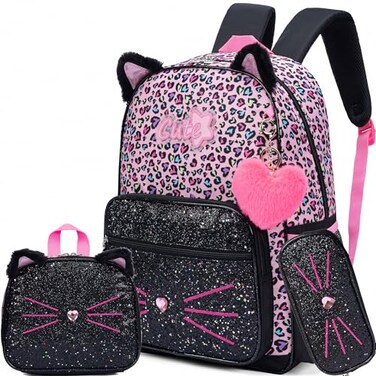 Meetbelify Black Cute Cat School Backpack for Girls Backpack with Lunch Box for Elementary Students Kids Travel Bookbag for Girls Ages 68