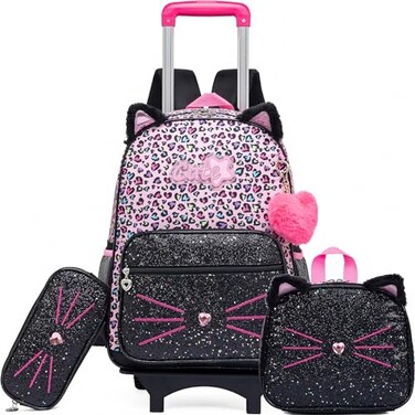 Meetbelify Rolling Backpack for Girls Cute Cat Backpack with Wheels for Elementary Students Kids Black Travel Luggage for Girls Age 68