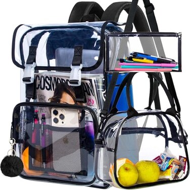 ZLYERT 17 Flip Top Clear Backpack 3Pcs Stadium Approved Set Heavy Duty Transparent Bookbag for GymConcert Black