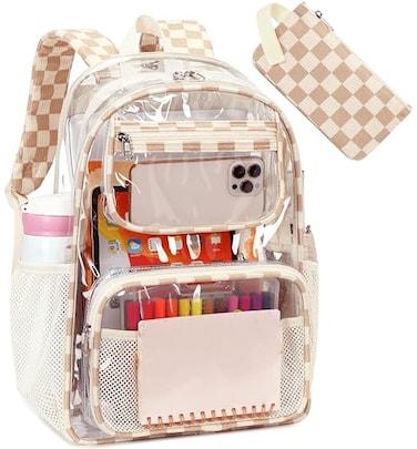 Bluboon Clear Backpack Heavy Duty Kids Boys Clear Bookbag See Through Backpacks with Pencil Case for College Work Transparent Brown white Checked