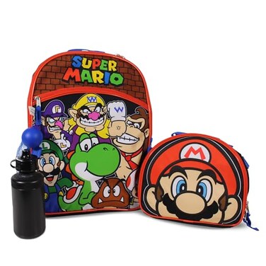 AI ACCESSORY INNOVATIONS Super Mario 4PC Backpack Set for Kids 16 Backpack Lunchbox Water Bottle Fidget Ball Super Mario School Set for Boys Girls