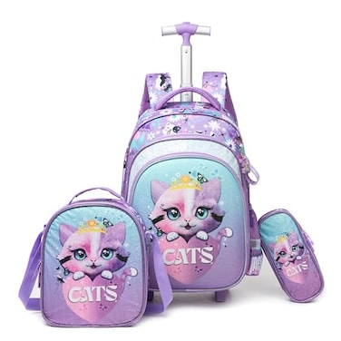 Meetbelify Cute Cat Girls Rolling Backpack with Wheels Kids Luggage for Elementary Students Trolley Trip Carry On Bag for Girls Ages 68