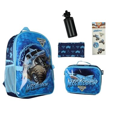 INTIMO Monster Jam Megalodon 5Piece Backpack Mega Set with Detachable Lunch box Water Bottle Pencil Case and Stickers Set