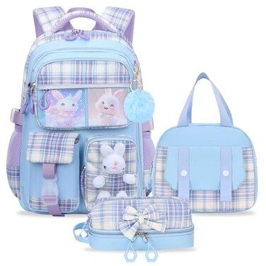 NSEQB Girls Backpack Set With Lunch Bag and MultiCompartment Pencil CaseCute Girls School Backpack For KidsChildrens Schoolbag For kindergarten Elementary PrimaryBlue3PCS