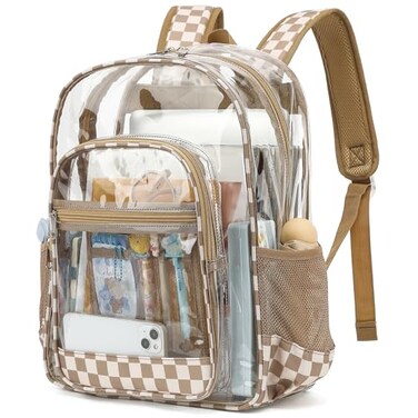 Dezcrab Clear Backpack for School Girls Boys Heavy Duty Transparent Backpack Kids SeeThrough Clear Bookbag Checkered Khaki