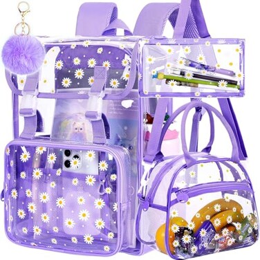 ZLYERT 17 Daisy Clear Backpack for Girls Flip Design Stadium Approved 3Pcs Set Transparent Bookbag for ConcertSchool Purple