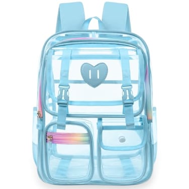 Ujemin Clear Backpack for Girls Women Heavy Duty Transparent Bookbag School Backpack with Mesh Pockets Stadium Approved See Through Backpack Blue