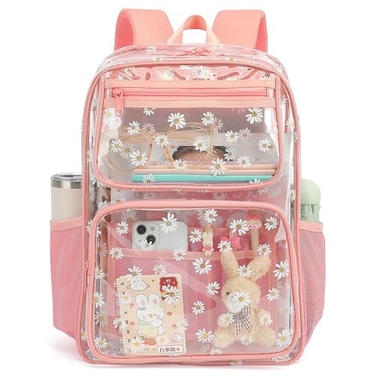 Yusudan Daisy Clear Backpack for Girls Women Heavy Duty Transparent School Backpack See Through Bookbag Pink