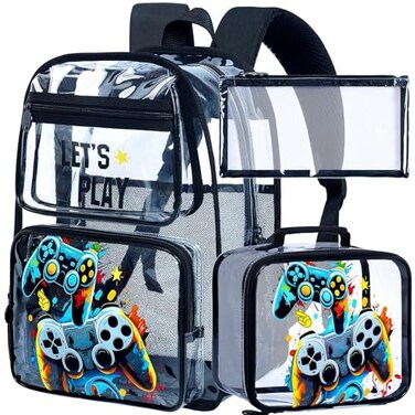 KLFVB 3PCS Kids Clear Backpack for Boys Transparent Bookbag Stadium Approved See Through School Bag for Elementary Preschool Game