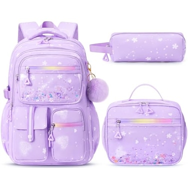 Fimibuke Backpack for Girls 3 PCS Waterproof Kids Backpack with Lunch Box Pencil Case Set Cute Travel Bookbag School Bag for Kindergarten Elementary Middle High School Student Toddler Kids Teens