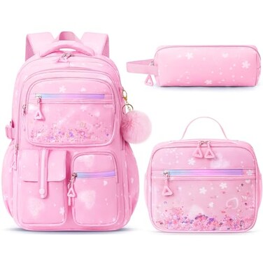 Fimibuke Backpack for Girls 3 PCS Waterproof Kids Backpack with Lunch Box Pencil Case Set Cute Travel Bookbag School Bag for Kindergarten Elementary Middle High School Student Toddler Kids Teens