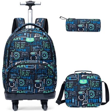Egchescebo Kids Rolling Backpack for Boys Gamepad Suitcases Trolley Roller Luggage Backpacks with 360 Rotating Wheels 15 Laptop 3PCS Lunch Box Pencil Case for Elementary 18 Travel School Bag Blue