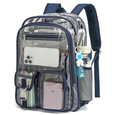 Kouxunt Clear Backpack Heavy Duty Transparent Backpacks Stadium Approved for School Work Sport Travel Navy Blue