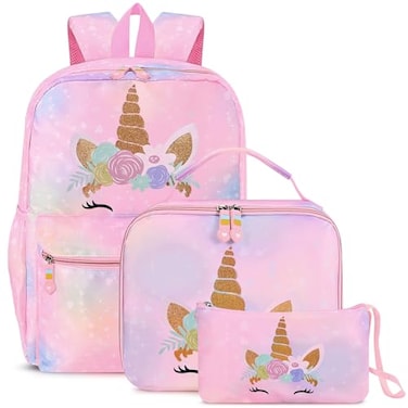 Cokouchyi 3 Pcs Kids Backpack Set with Lunch Box Pencil Case Lightweight Preschool Backpack for Girls Age 38 Kids Book bag Elementary Unicorn