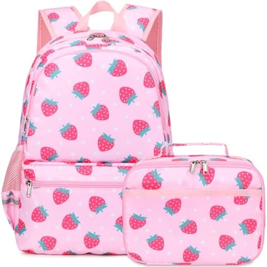 DSIUE Kids Backpack for Girls Elementary BookBags Teens School Backpack with Lunch Box Strawberry Pink