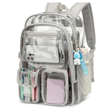 Kouxunt Clear Backpack Heavy Duty Transparent Backpacks Stadium Approved for School Work Sport Travel Grey Large