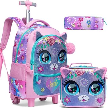 Meetbelify Rolling Backpack for Girls Backpacks with Wheels for Elementary School Students Kids 2 in 1 Travel Luggage Suitcase for Girls Age 810