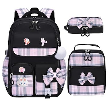 NSEQB Girls Backpack3pcs Kids School Backpack With Lunch Box Pencil Case SetCute Childrens Schoolbag For Primary Elementary Middle Black 3PCS