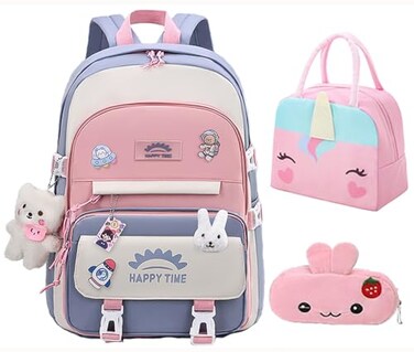 GDEMXOAN 3pcs Girls Backpack Kawaii School Backpack For Kids Children With Lunch Bag and Pencil Case rabbitblue