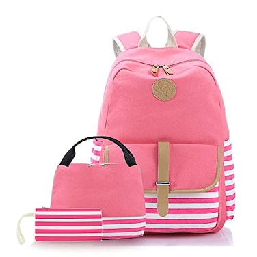 Joyfulife School Backpack for Girls Lightweight Canvas Stripe Backpack with Lunch Box Pencil Bag