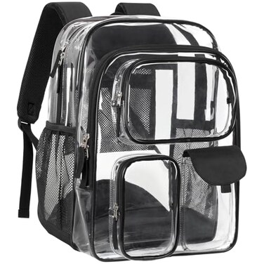 PACKISM Clear Backpack for School 18 Inch Extra Large Heavy Duty Clear Bookbag for Boys See Through PVC Transparent School Backpack with 3 Front Pockets Black Age 12