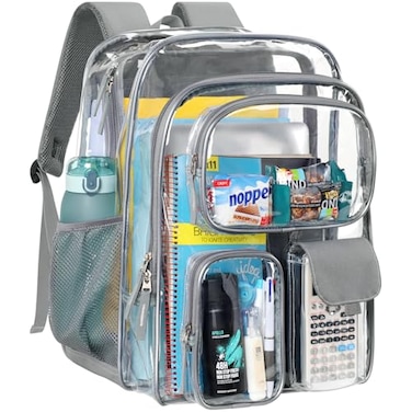 PACKISM Clear Backpack for School 18 Inch Extra Large Heavy Duty Clear Bookbag for Boys See Through PVC Transparent School Backpack with 3 Front Pockets Grey Age 12