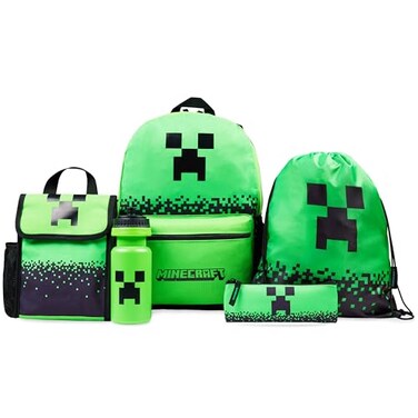 Minecraft Boys Backpack 5 Pc Gift Set with Creeper School Bookbag Lunch Bag Pencil Case Water Bottle and Travel Daypack Green