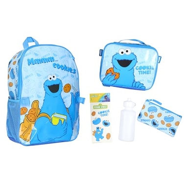 INTIMO Sesame Street Cookie Monster Backpack 5Piece Mega Set Cookie Time Kids School Bag Lunch Box Pencil Case Water Bottle 16