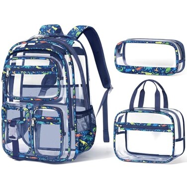 Fimibuke Clear Backpack for Boys 3PCS Heavy Duty PVC Transparent Boys Backpack with Lunch Box Pencil Case School Stadium Event Approved Toddler School Bookbag for Preschool Kindergarten Elementary